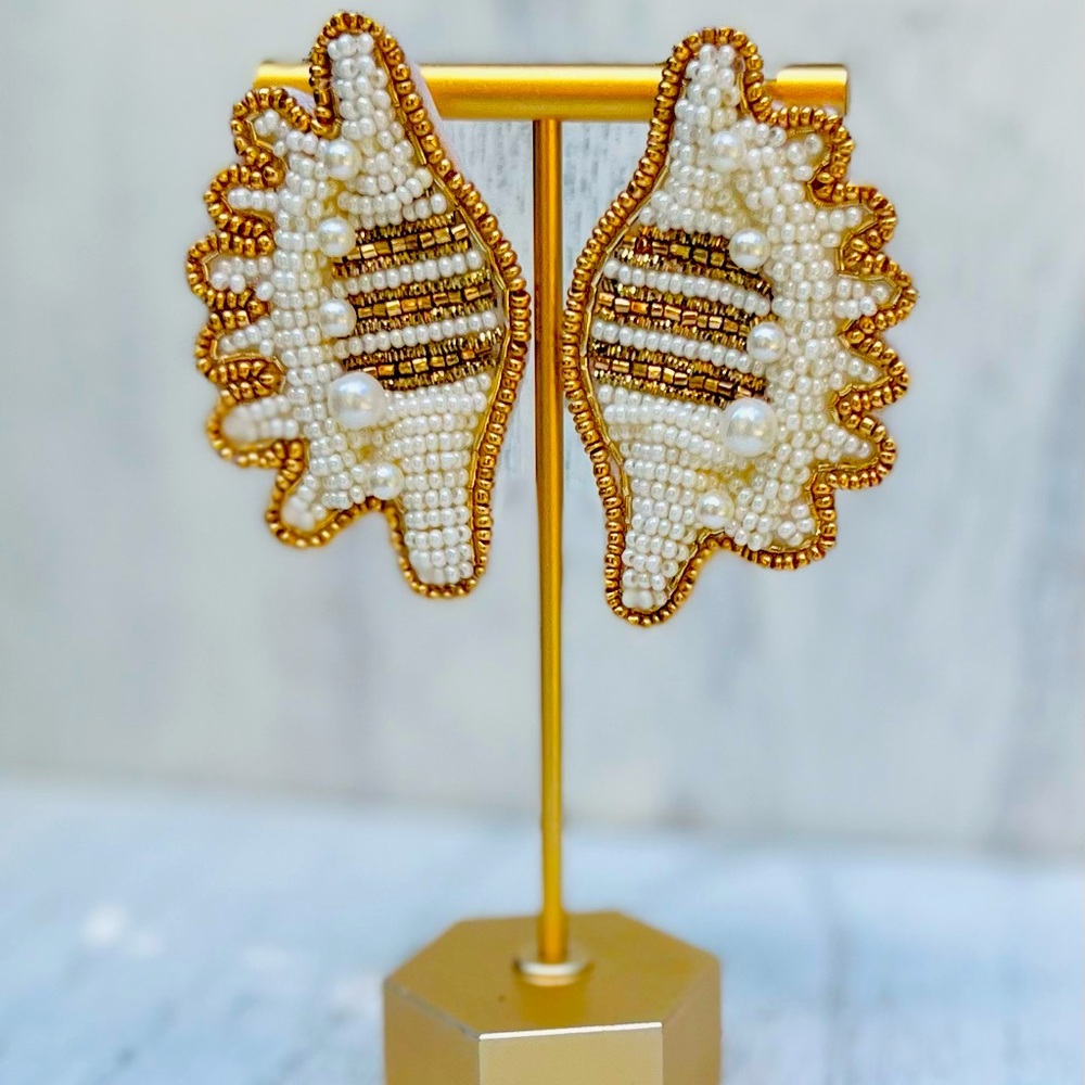 White and Gold Pearled and Beaded Conch Statement Earrings